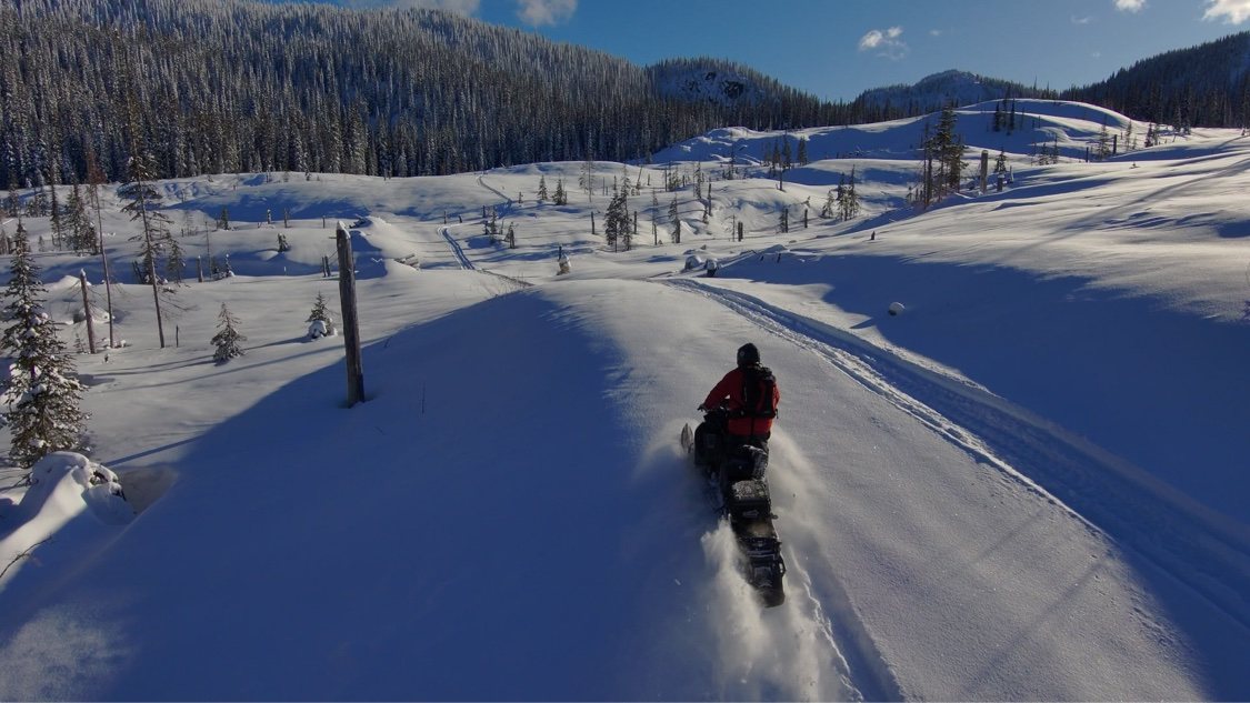 Snowmobile rider on a ridge road in a wide snowy basin below forested mountains