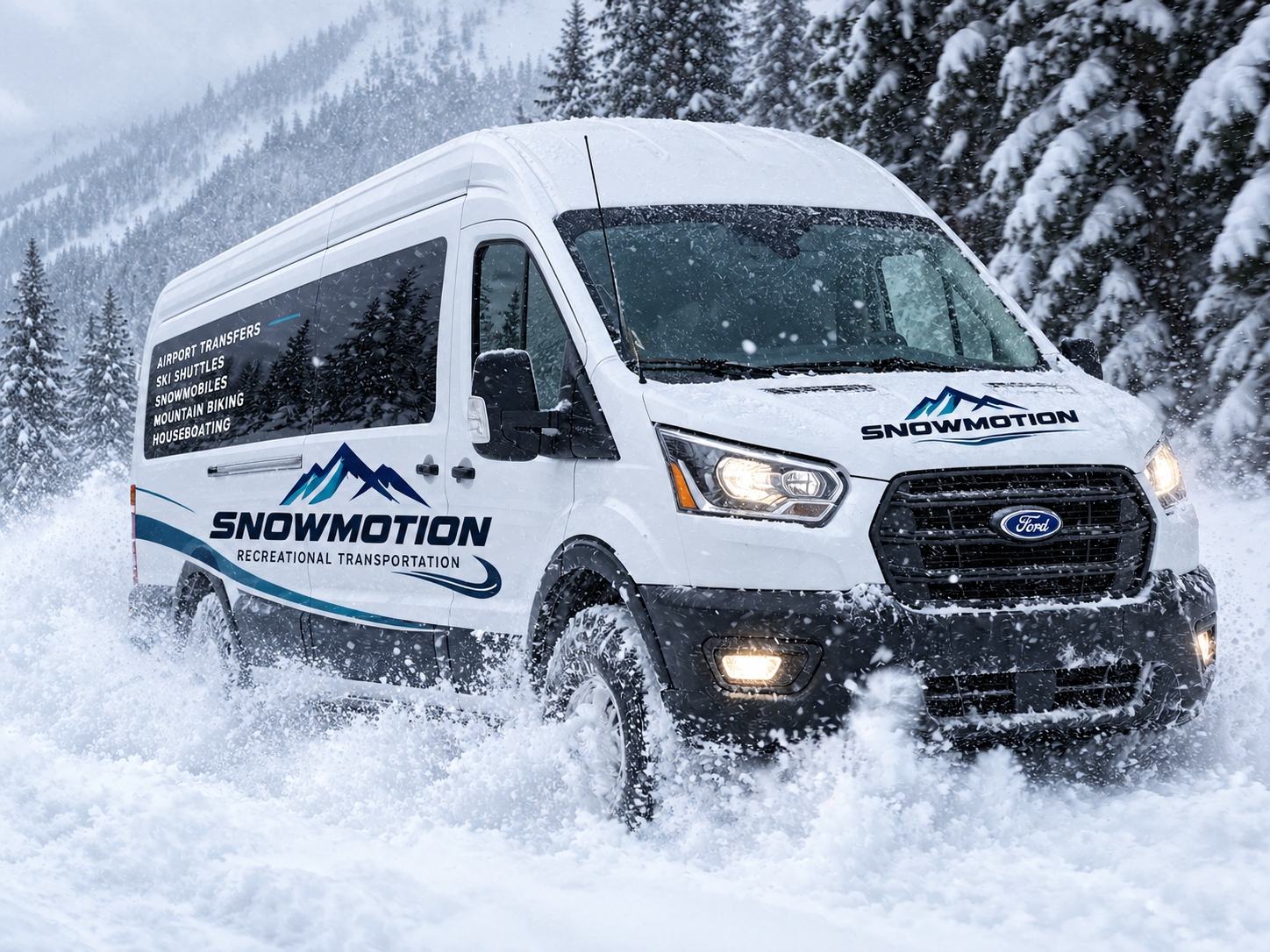 Snowmotion van in falling snow among snow-covered evergreen trees